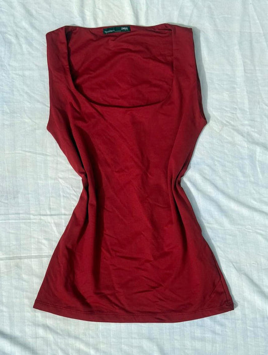 Zara Red Sleeveless Fitted Square Neck Top
