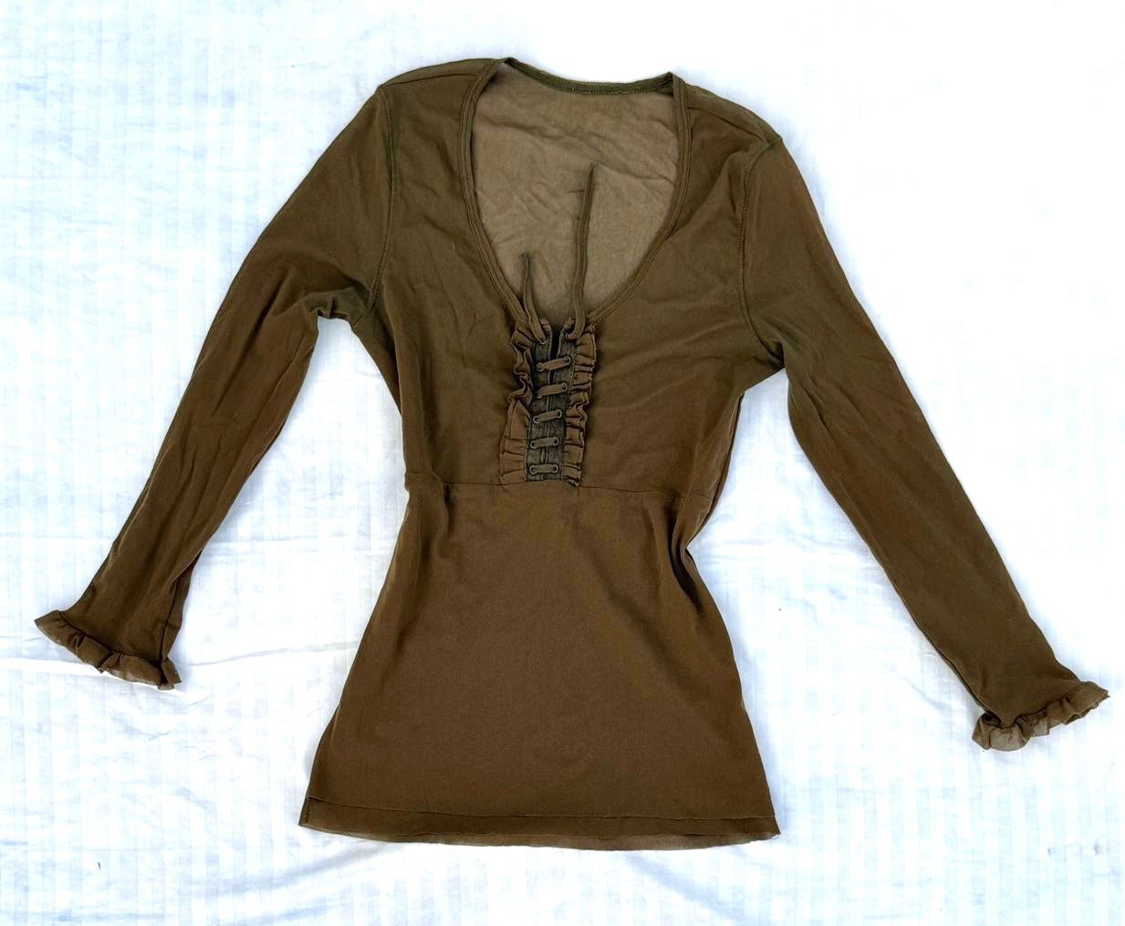 Olive Green Lace-up Mesh Top