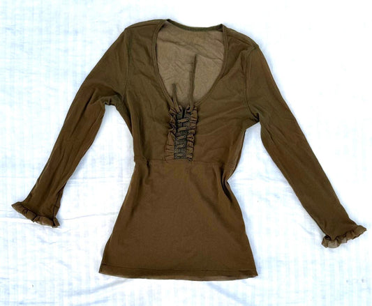 Olive Green Lace-up Mesh Top
