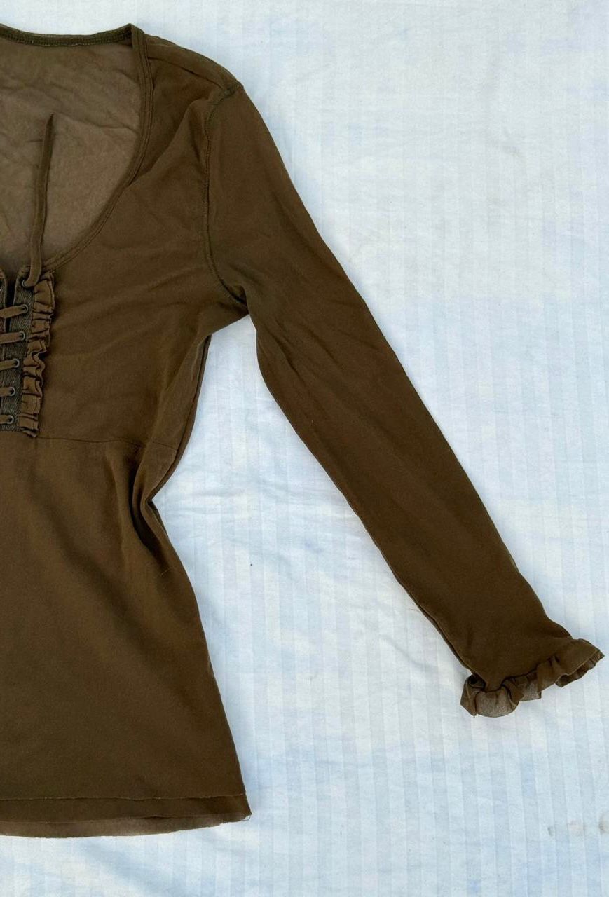 Olive Green Lace-up Mesh Top